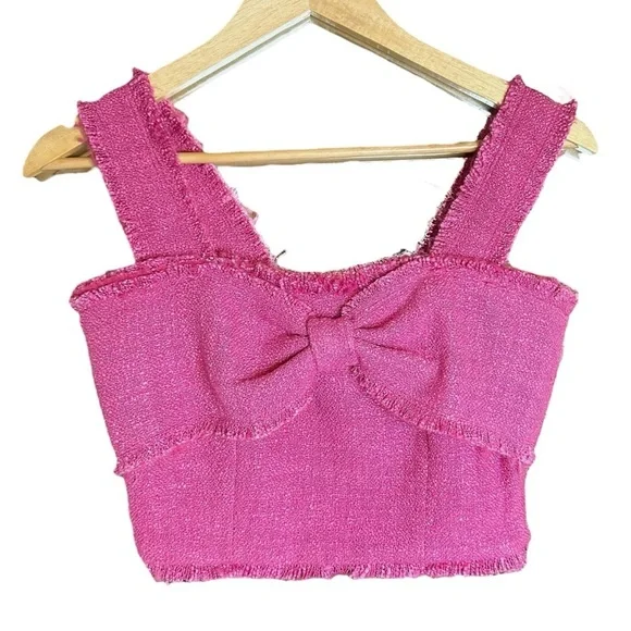 🔆 Endless Rose Pink Tweed Bow Crop Top - Size Small NWOT - Picture 2 of 6